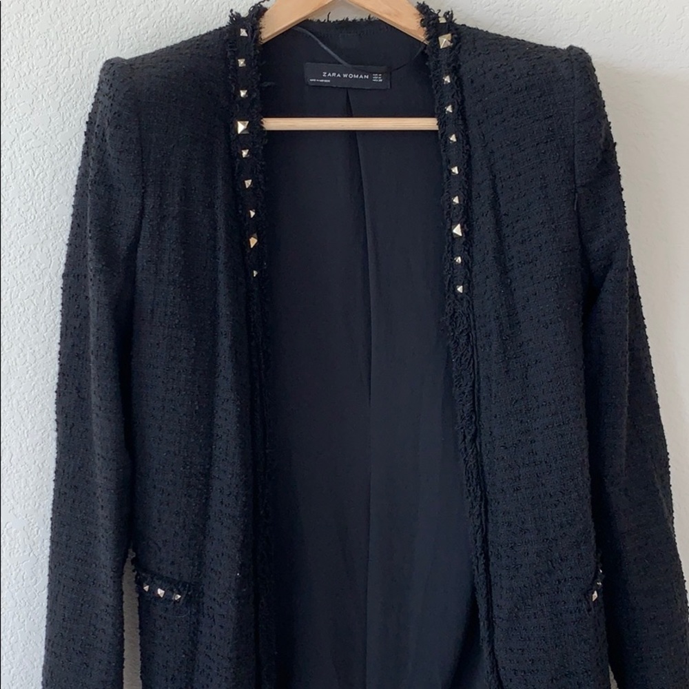 Zara Structured Tweed Blazer with Gold Studs